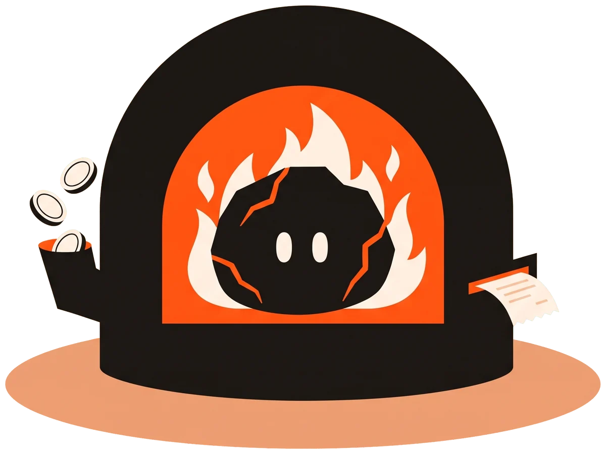 The Scorch furnace: coins go in, the coal burns them, a receipt comes out